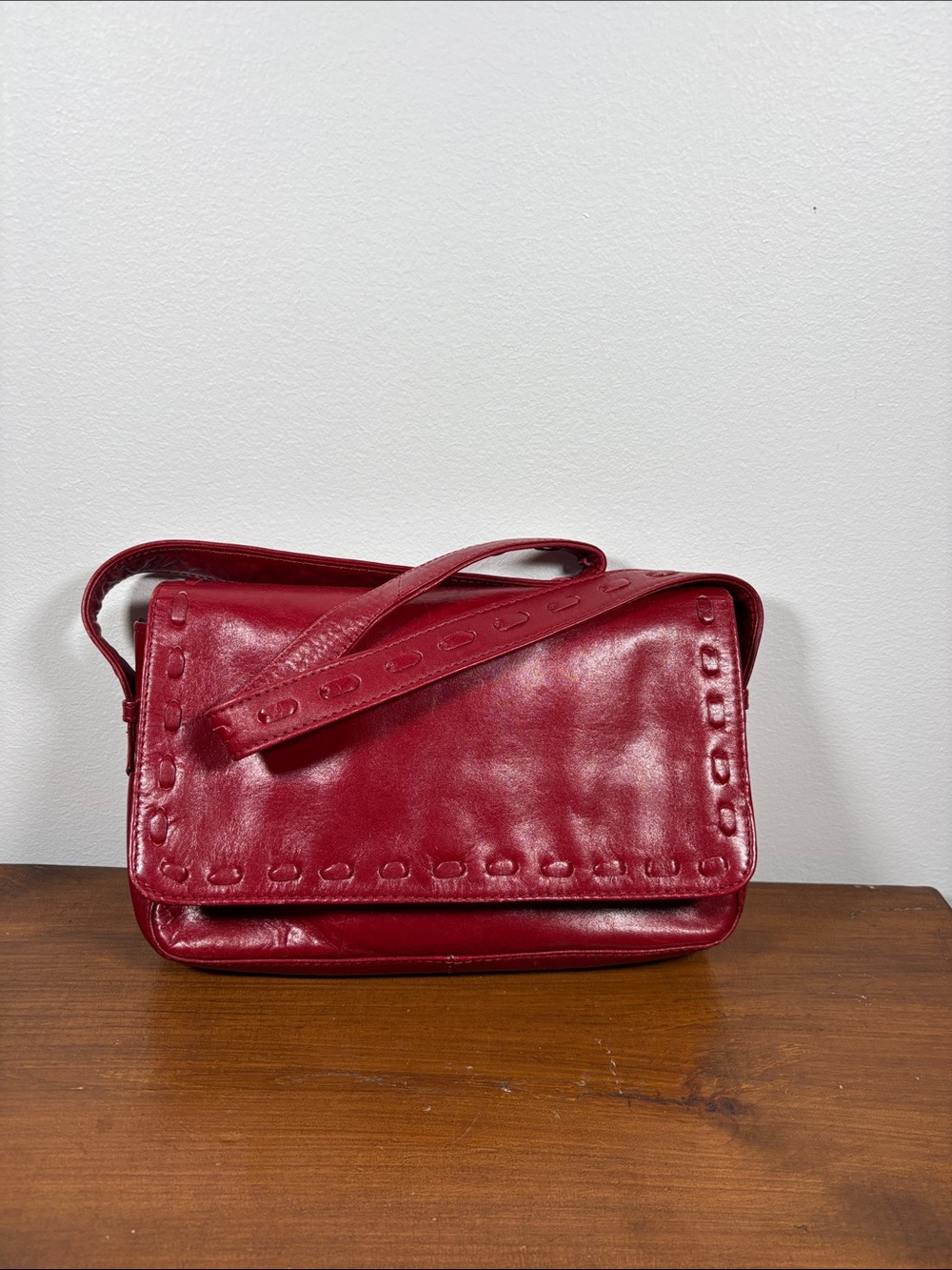 Boho VTG Red Genuine Leather Shoulder Bag Woven Stitch Details Handmade India